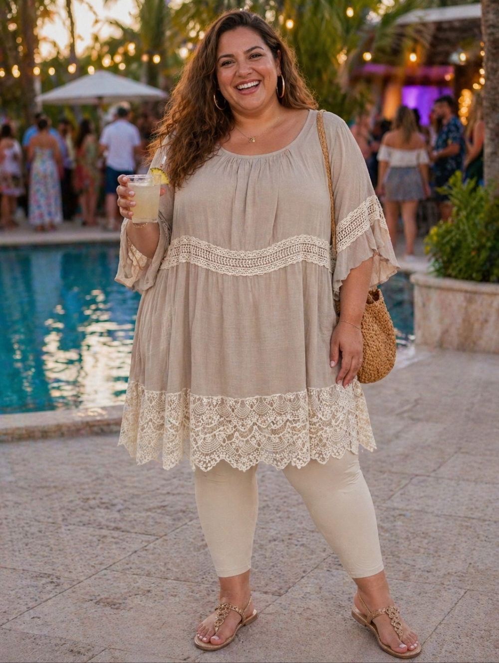 Indigo Soul Boho Lace-Trim Light Taupe Tunic Style Gauzy Fabric Size 2XL